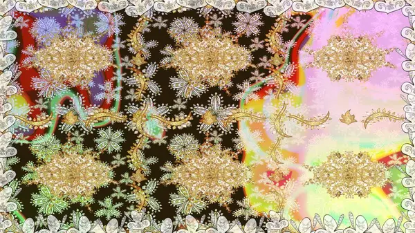 Tarafsız renklerde altın element. Damask arkaplanı. Barok tarzında altın çiçekli süs. Altın çiçekli, pürüzsüz desen.