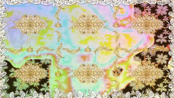 Altın antika ortaçağ dekoratifi, yapraklar ve tarafsız renklerde altın desenli süslemeleri olan dikişsiz bir şablon. Kusursuz kraliyet lüksü, altın barok kumaş rengi..