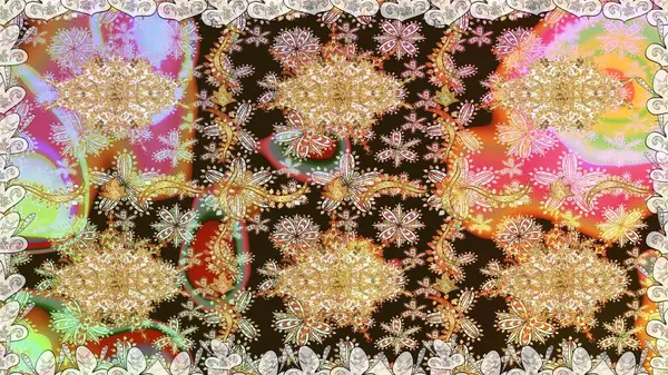 Düz elle çizilmiş klasik koleksiyon. Arkaplan, kumaş, altın duvar kağıdı. Raster altın pürüzsüz desen. Altın elementlerle kahverengi renklerde altın desen.