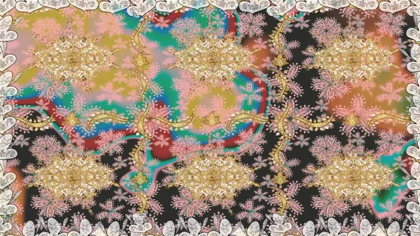 Hassas altın deseni açın. Doğu tarzı arabesk. Raster sanatı. Kusursuz altın desenli bukleler. Parlak dantel, stilize çiçekler, şal desenli. Altın elementlerle bej renklerde pürüzsüz desen