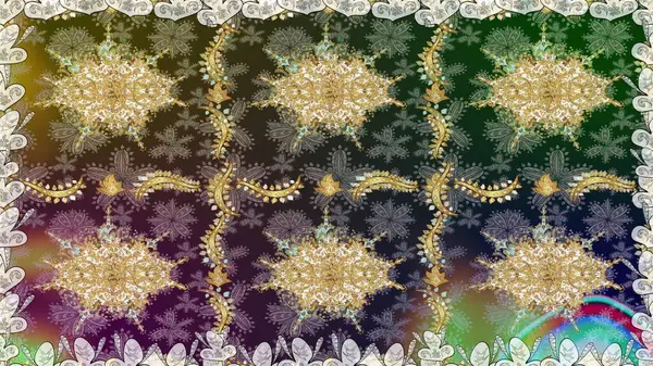 Raster Golden Mehndi kusursuz desen. Gri renkli desen. Kına dövmeli süs çiçekleri, altın çıkartmalar, mehndi ve yoga tasarımı, kartlar ve parmak izleri..