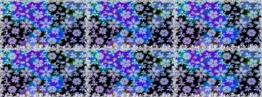 Düz Çiçek Elementleri Tasarımı. Raster illüstrasyonu. Mavi ve siyah renkte çiçekler. Çiçekli, suluboya desenli kusursuz çiçek deseni. Renkli Bahar Teması Kusursuz Arkaplan.