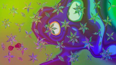 Suluboya elle çizilmiş çiçek desenli eskiz deseni. Parlak renkli fantezi çiçekleri, yapraklar, yeşil renkli tomurcuklar.