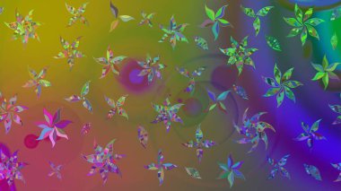 Bir sürü yeşil ve soyut çiçekli tropik eskiz deseni. Küçük çiçekteki sevimli çiçek deseni. Varicologreen Raster çizimi.