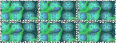 Çok mavi, zarif küçük çiçekler ve mavi renkli komik böcekler, raster desen, illüstrasyon.