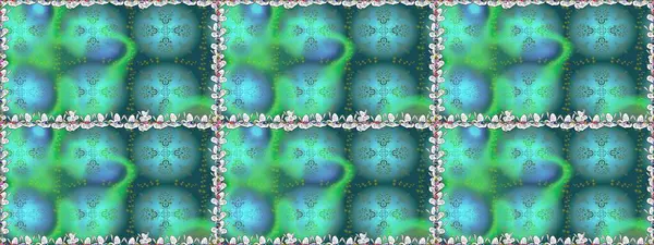 Çiçekli ipek eşarp. 1950-1960 motifleri. Mavi maviye. El çizimi çiçek unsurları olan soyut, dikişsiz raster deseni. Retro tekstil tasarım koleksiyonu.