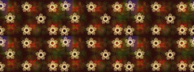 İllüzyon. Güzel, kahverengi, yeşil ve sarı kar taneleri renkli bir arka planda izole edilmiş. Kar taneleri, kar yağışı. Düşen Noel stilize kar taneleri.