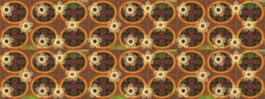 İşlemeli çiçekli, dikişsiz desen. Parmak izi, kumaş, duvar kâğıdı, tekstil için raster dokusu. Renkli grunge soyut arka planda coloyellow, kahverengi ve turuncu çiçeklerle zenginleşir.