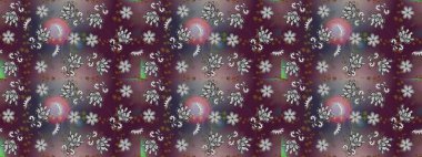 Mor, gri ve kahverengi renkli Asya tekstili. Raster illüstrasyonu. Çiçeklerle suluboya desenleri.