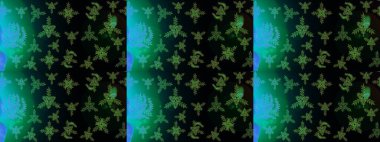 Kar tanelerinin soyut arkaplanlı Noel şablonu. Raster illüstrasyonu. Siyah, yeşil ve mavi kar taneleri. Noel ve yeni yıl moda baskıları için tatil tasarımı. Renkler.