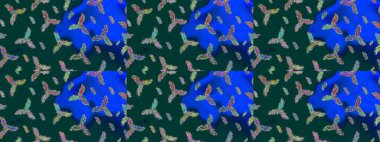 Noel ve yeni yıl moda baskıları için tatil tasarımı. Kar tanelerinin soyut arkaplanlı Noel şablonu. Raster illüstrasyonu. Mavi, yeşil ve nötr kar taneleri.