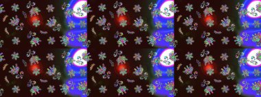 Çiçekli güzel suluboya desen. Raster illüstrasyonu. Kahverengi, mor ve mavi renklerde.