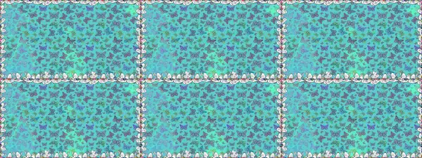 Güzel renkli kelebekler mavi ve nötr renklerde kaotik bir şekilde uçarlar. Raster. Uçan güvelerle kusursuz, çok renkli bir arka plan. Parlak kelebeklerin kusursuz arka planı. Kumaş için uygun.