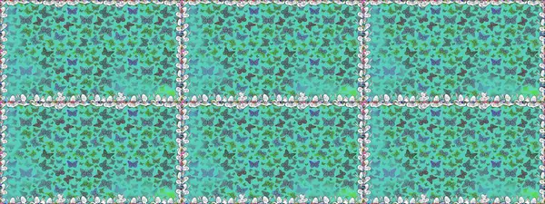 Yeşil ve mavi renkteki kusursuz kelebek şablonu. Giysiler için böcek kumaşı klipsleri tekrarlanıyor. Davetiye, kart ve parmak izi için basit kadınsı bir model. Uçan kelebek keten temalı Raster sanatı