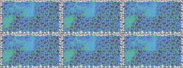 Renkli kelebeklerin kusursuz arka planı. Giysi tasarımı için mavi ve yeşil arka plan dekorasyonu. Raster illüstrasyonu.