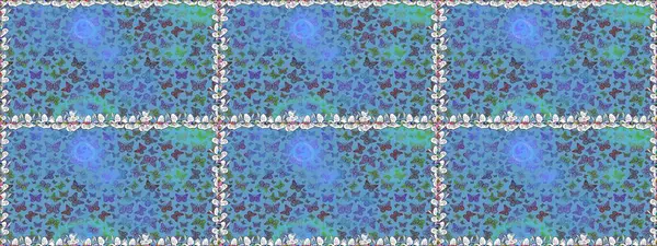 Kelebekli Raster çiçeksiz desen. Mavi ve mor renkli illüstrasyon. Kağıt, kumaş ve ambalaj için uygun.