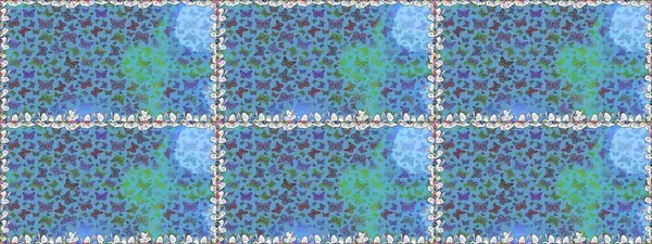 Raster. Elle çizilmiş illüstrasyon. Moda Kumaşı Tasarımı. Mavi ve yeşil renkli resimler. Şirin kelebeklerin kusursuz desenleri.