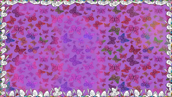 Mor ve mor. Kelebeklerle kusursuz desen. Kumaş, kağıt, ambalaj kağıdı ve duvar kağıdı tasarımı için sevimli bir arkaplan.
