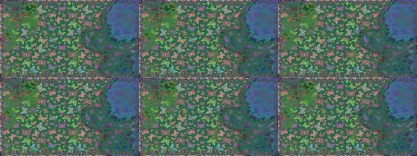 Raster illüstrasyonu. Mavi ve yeşil renklerdeki renkli kelebeklerin kusursuz arka planı. Tekstil, duvar kağıtları, web sayfası arkaplanları, yüzey dokuları için mükemmel.