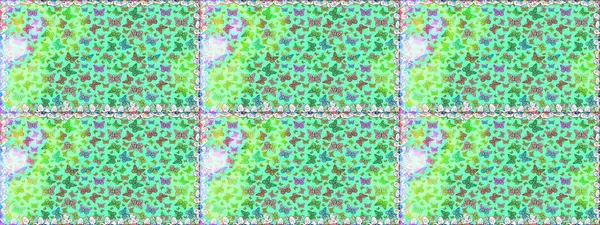 Karala, karala, karala. Raster. Mavi ve yeşil arka planda renksiz bir kelebek deseni. Mavi ve yeşil renkte resim.