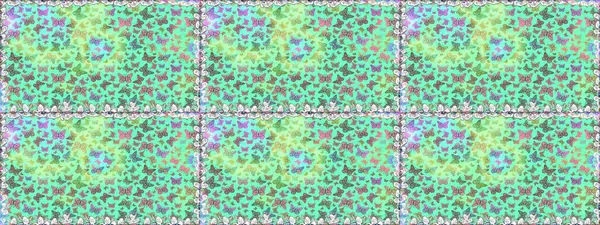 Mavi ve yeşil arka planda güzel renkli kelebeklerin Raster vintage el çizimi. Raster illüstrasyonu. Moda sevimli kumaş tasarımı.