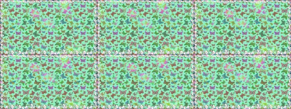 Kusursuz bir geçmişi var. Raster illüstrasyonu. Mavi ve yeşil renkler üzerine illüstrasyon. Soyut renkli güzel kelebek.