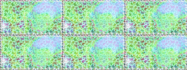 Moda Kumaşı Tasarımı. Egzotik Kelebeklerle tropik ve pürüzsüz bir düzen. Raster. Tarafsız ve yeşil renklerde gösterim.