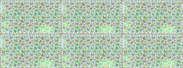 Renkli folklorlu, kelebekli kusursuz desen. Tarafsız ve yeşil arka planda renkli kelebekler. Paketleme, kağıt, kumaş için uygun.