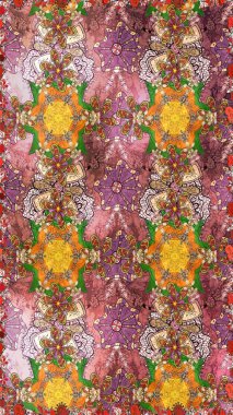 Modern çiçek arkaplanı. Halk tarzı. Moda baskıları için zarif bir şablon. Parlak renkli çiçeklerle ve kahverengi renklerde yapraklarla şaşırtıcı, pürüzsüz çiçek deseni.