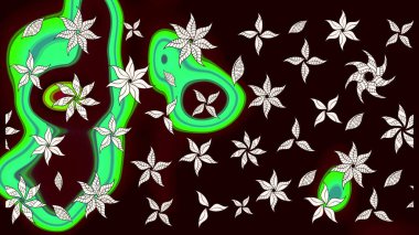 Çiçek desenli çizim. Siyah renkli Asya tekstili. Raster illüstrasyonu.