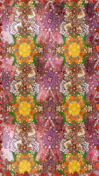 Modern çiçek arkaplanı. Halk tarzı. Moda baskıları için zarif bir şablon. Parlak renkli çiçeklerle ve kahverengi renklerde yapraklarla şaşırtıcı, pürüzsüz çiçek deseni.