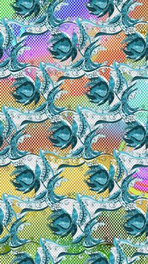 El arkası modeli. Raster hisseleri. Suluboya, elle çizilmiş. Çiçekler mavi, nötr ve gri üzerine.