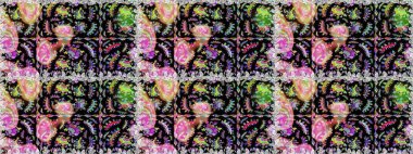 Düz Çiçek Elementleri Tasarımı. Renkli Yaz Temalı Kusursuz Arkaplan. Raster Illustrasyon 'da moda olmayan çiçek deseni. Siyah ve nötr renkte çiçekler.