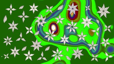 Raster illüstrasyonundaki çiçek desenli çizim. Düz Çiçek Elementleri Tasarımı. Renkli Bahar Teması eskiz kalıbı. Yeşil renkte çiçekler.