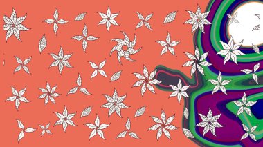 Düz Çiçek Elementleri Tasarımı. Güzel kumaş deseni. Renkli Bahar Teması eskiz kalıbı. Asya tekstil tarzında. Çiçek desenli çizim. Raster illüstrasyonu.