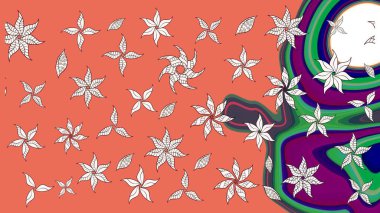 Düz Çiçek Elementleri Tasarımı. Güzel kumaş deseni. Renkli Bahar Teması eskiz kalıbı. Asya tekstil tarzında. Çiçek desenli çizim. Raster illüstrasyonu.