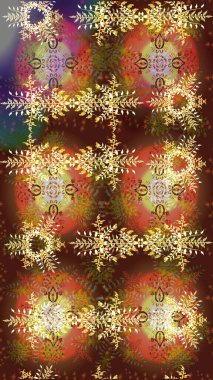 Kış kar tanesi, raster arka plan. Raster illüstrasyonu. Yüzey için tekrarlanan doku, ambalaj kağıdı, kahverengi, turuncu ve sarı renkler. Renkli arka planda izole edilmiş güzel kar taneleri.