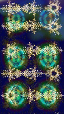 Mavi, yeşil ve gri renklerde Asya tekstili. Suluboya çiçekli çiçek deseni. Raster illüstrasyonu.