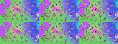 Şirin çiçekli eskiz deseni ve yeşil renkli yapraklar, suluboya çiçek deseni, duvar kağıdı, kart veya kumaş için fayanslı. Raster illüstrasyonu.