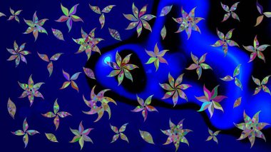 Suluboya çiçekli çiçek deseni. Raster illüstrasyonu. Mavi renkte Asya tekstili.