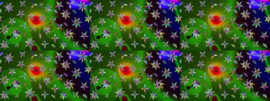 Çiçeksel elementlerle süslenmiş zarif raster dokusu. Küçük çiçekte hoş bir çiçek deseni var. Parlak çiçekli yeşil renkler üzerine soyut çizim deseni.