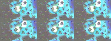 Mavi renkte manzaralı çiçek deseni. Sevgililer günü ve tebrik kartı konsepti için şık bir davetiye. Üst manzara, yumuşak stil. Çiçek kompozisyonu, el boyası, hassas şablon..