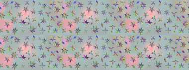 Kumaş, tekstil, duvar kağıdı baskısı için. Miles Fleur, süslü püslü bir süs. Eskiz geçmişi. Raster illüstrasyonu. Tomurcukları papatya çiçekleri olan sevimli bir çiçek deseni. Antika retro tarzı.