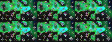 Yeşil renkli çiçekler. Asya tekstil tarzında. Renkli Bahar Teması eskiz kalıbı. Raster illüstrasyonu. Çiçek desenli çizim. Düz Çiçek Elementleri Tasarımı.