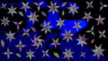 Tekstil, kumaş, ambalaj, hatıra defteri için hoş bir çiçek arkaplanı. Çocuksu tasarım. Elle çizilmiş çiçek desenli Raster çizimi. Mavi arkaplanda.
