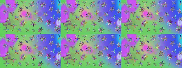 Şirin çiçekli eskiz deseni ve yeşil renkli yapraklar, suluboya çiçek deseni, duvar kağıdı, kart veya kumaş için fayanslı. Raster illüstrasyonu.