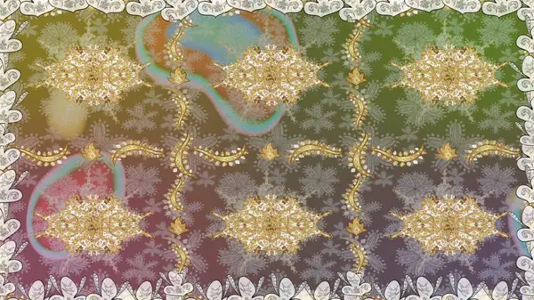 Altın şablon. Kusursuz desenli altın elementler. Kart, duvar kağıdı, ambalaj ve tekstil için klasik tasarım. Raster illüstrasyonu. Klasik çiçek dokusu. Tarafsız renklerde Royal retro.