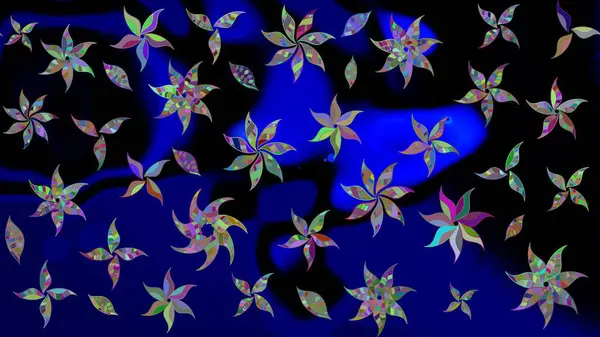 Tekstil, kumaş, ambalaj, hatıra defteri için hoş bir çiçek arkaplanı. Çocuksu tasarım. Elle çizilmiş çiçek desenli Raster çizimi. Mavi arkaplanda.