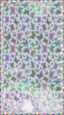 Raster illüstrasyonu. Kusursuz desen. Gri renkte güzel renkli kelebekler. Kumaş, tekstil, baskı ve davet için arkaplan.