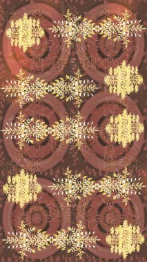 Raster illüstrasyonu. Noel ve yeni yıl moda baskıları için tatil tasarımı. Kahverengi, bej ve sarı kar taneleri. Kar tanelerinin soyut arkaplanlı Noel deseni.